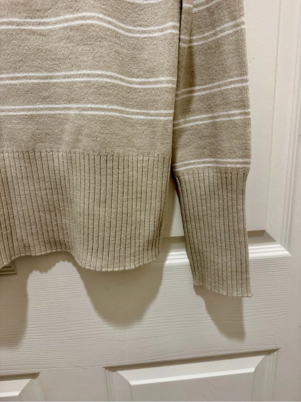 French Connection Beige with White Stripes Mock Neck Sweater Size - Medium